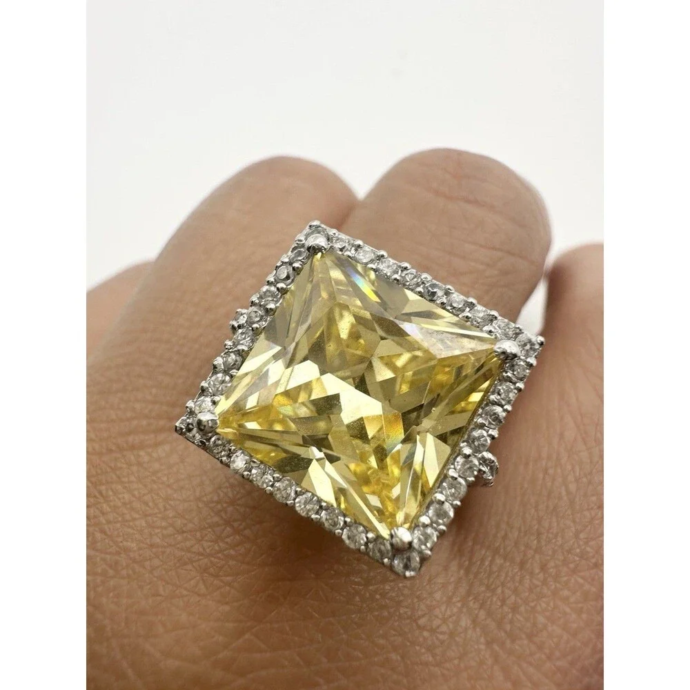 E.pearl 925 Sterling Silver Simulated Canary Diamond Cocktail Ring Size 6.75